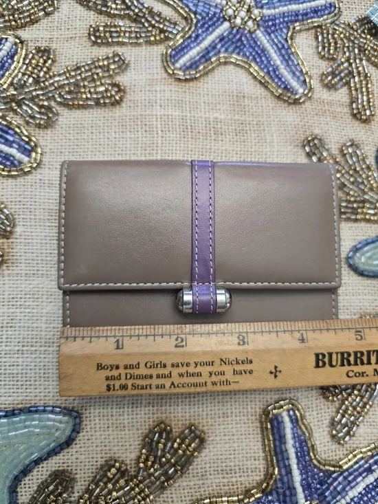 Levenger Wallet Bifold Smooth Taupe Purple Leather Snap Closure Coin Pocket - Picture 5 of 16